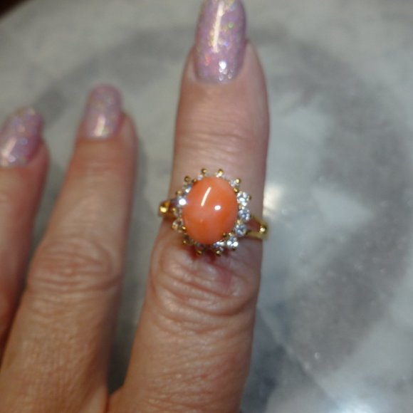 18k Gold EP Coral Swarovski Crystals Dolphin Ore Ring - Picture 6 of 11